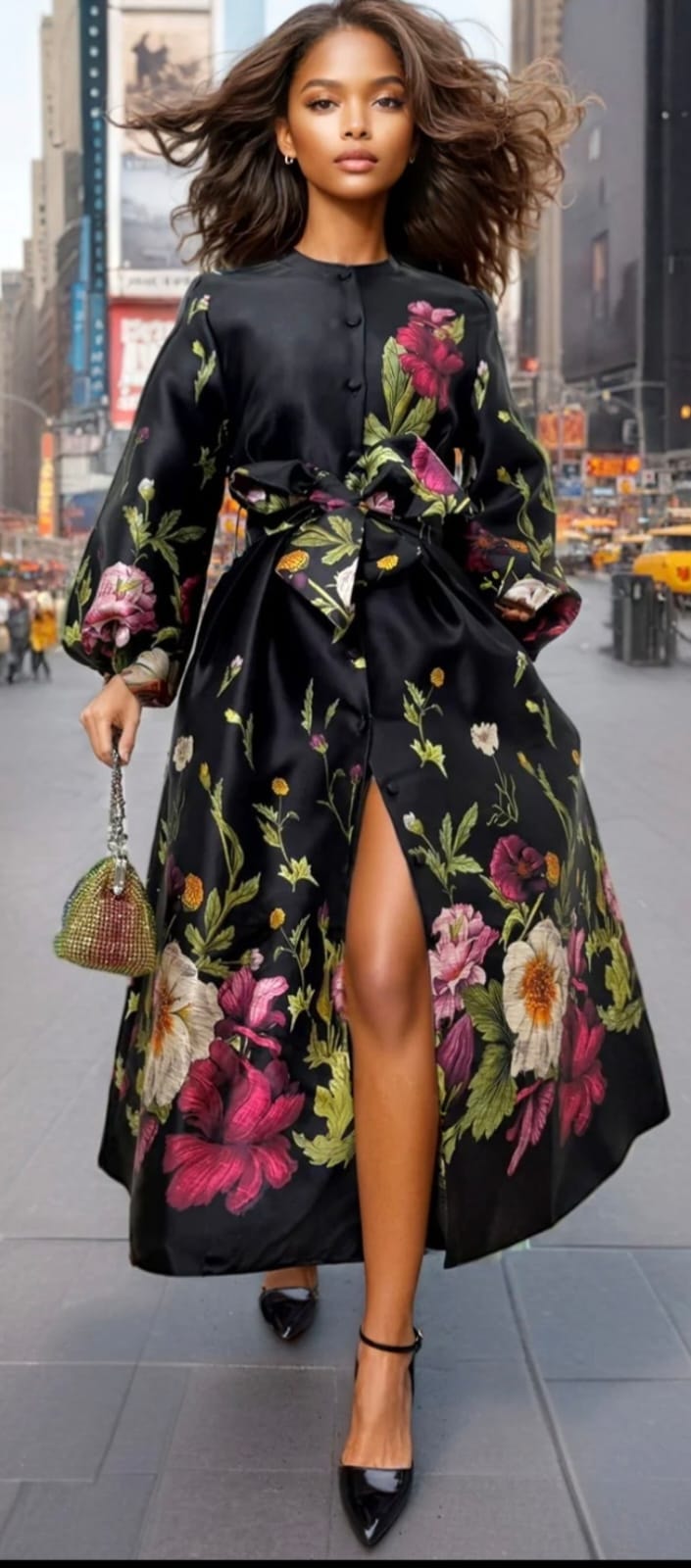 Woman in floral dress on urban street
