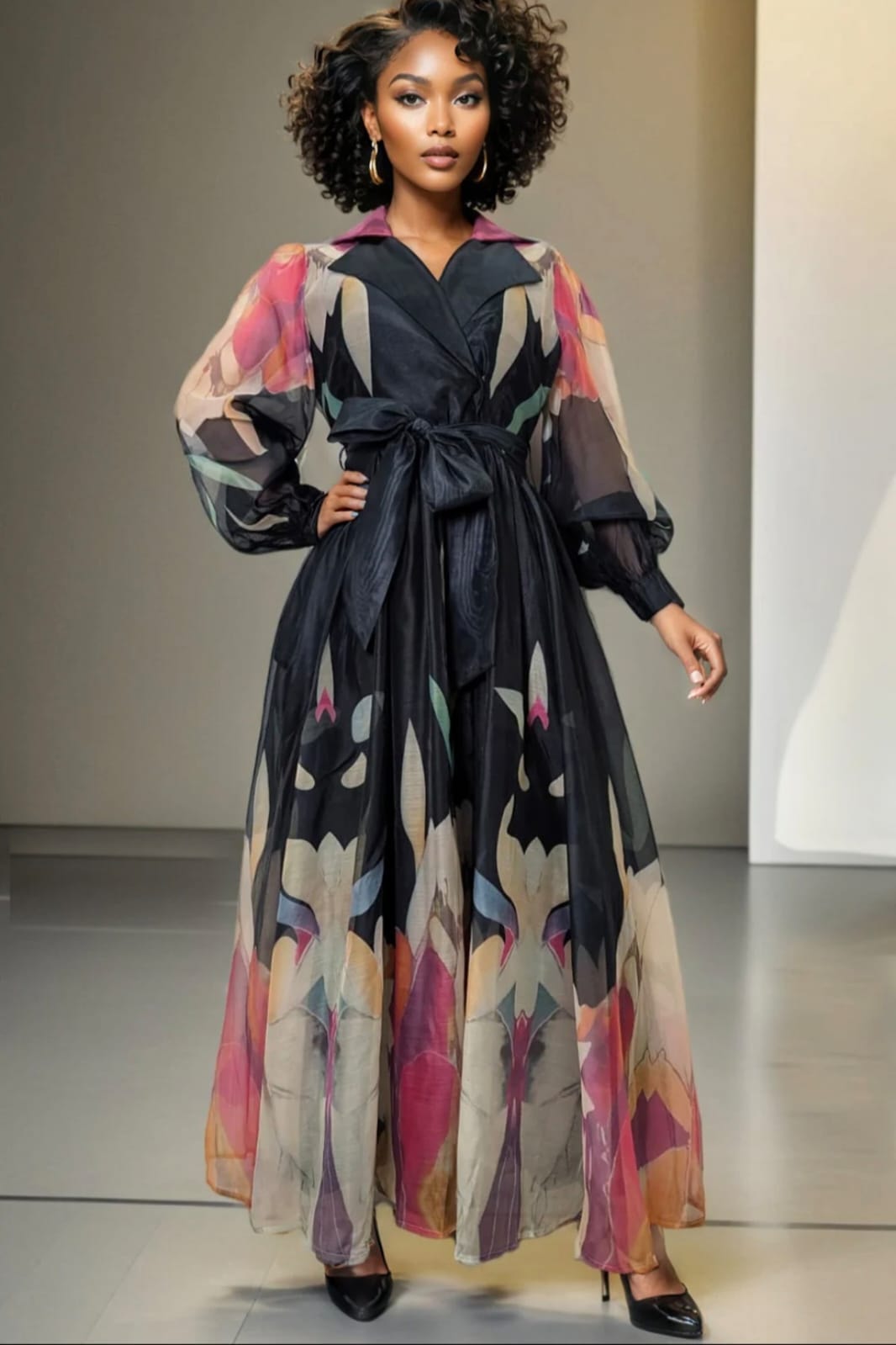 Woman wearing colourful patterned wrap dress