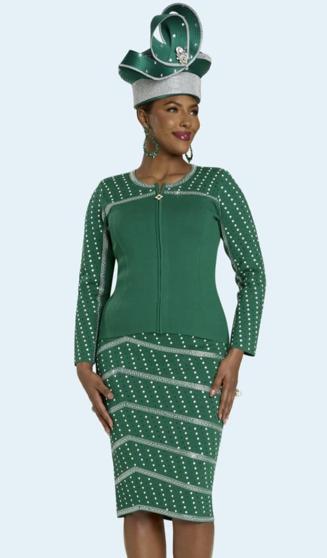 Woman wearing green embellished formal dress with hat