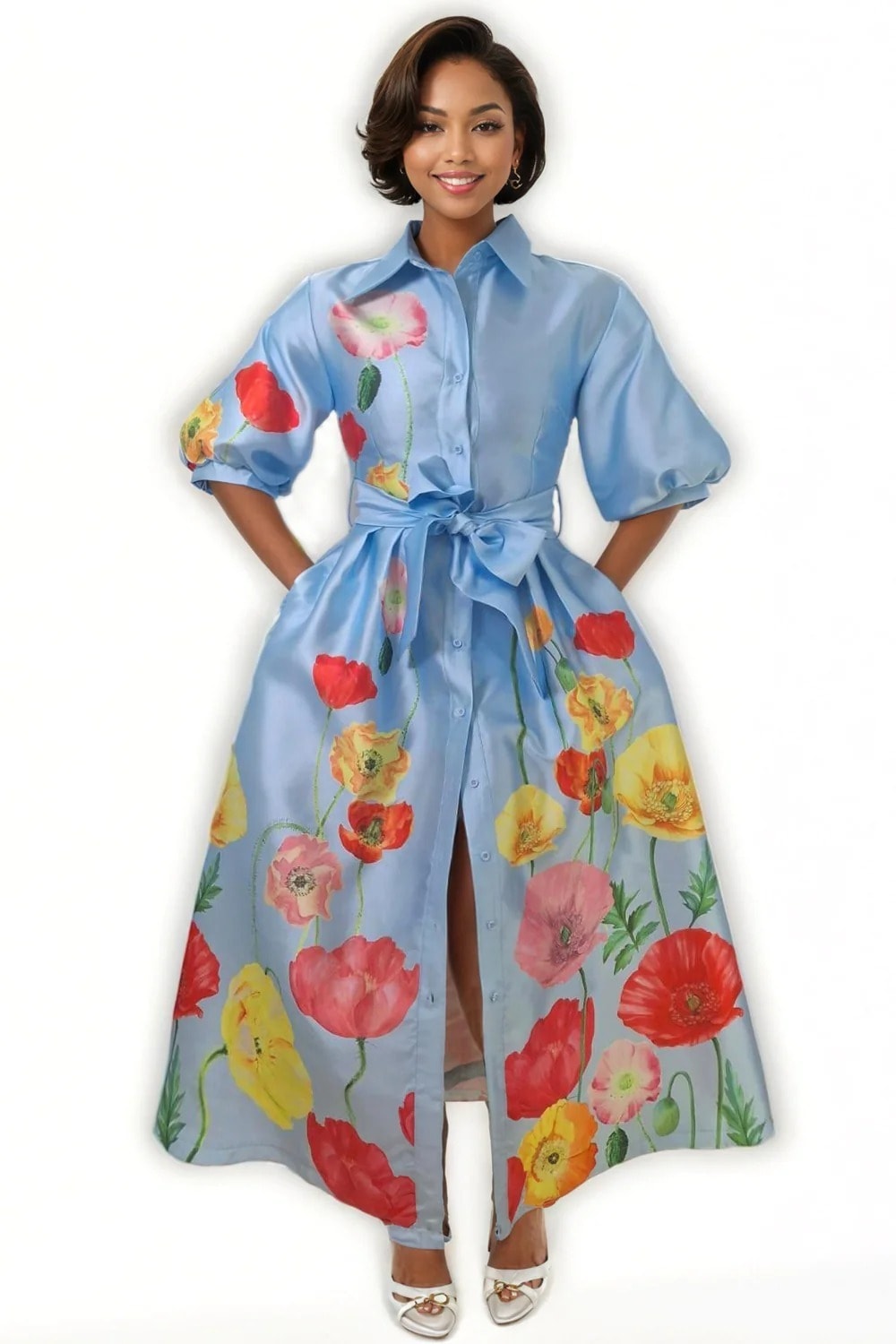 Woman wearing blue floral shirt dress