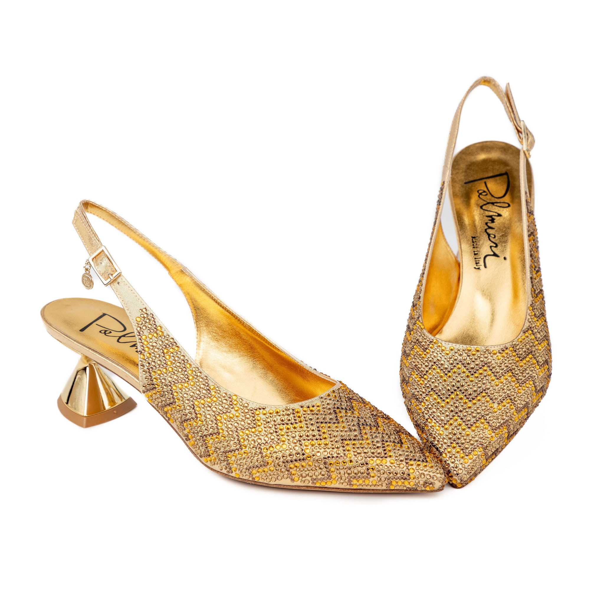 Gold rhinestone slingback heels pair