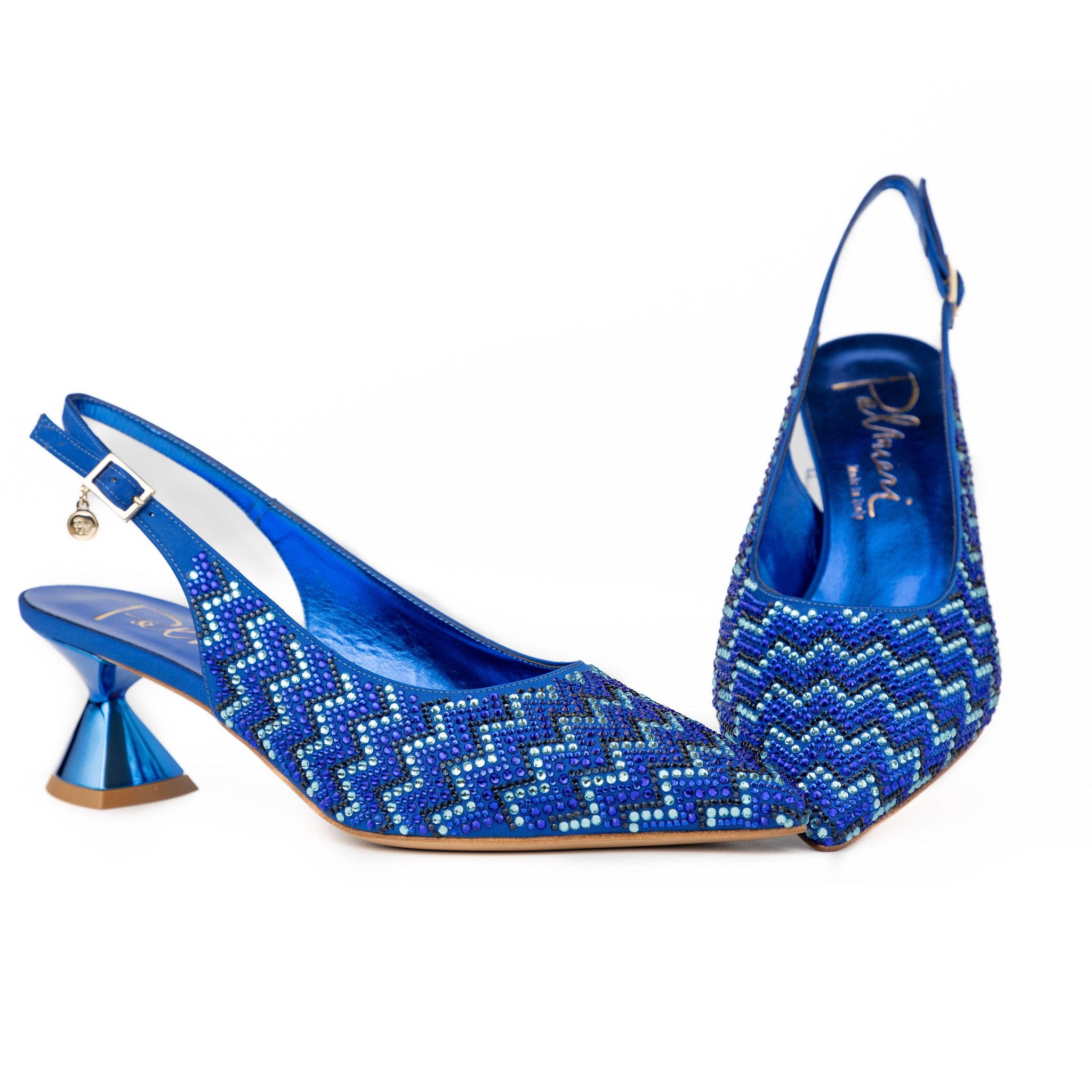Blue sequined slingback heels with matching bag