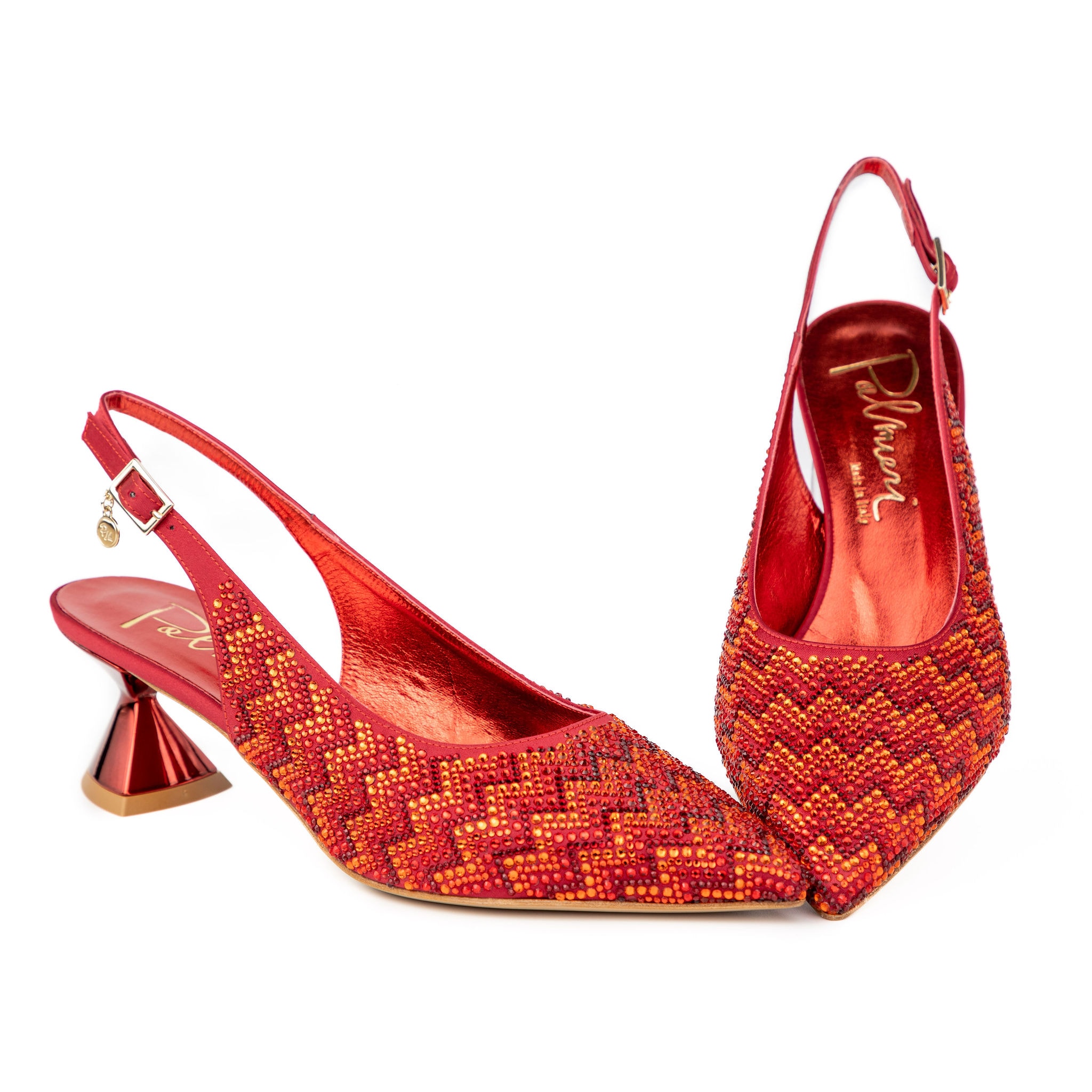 Red rhinestone embellished slingback heels pair