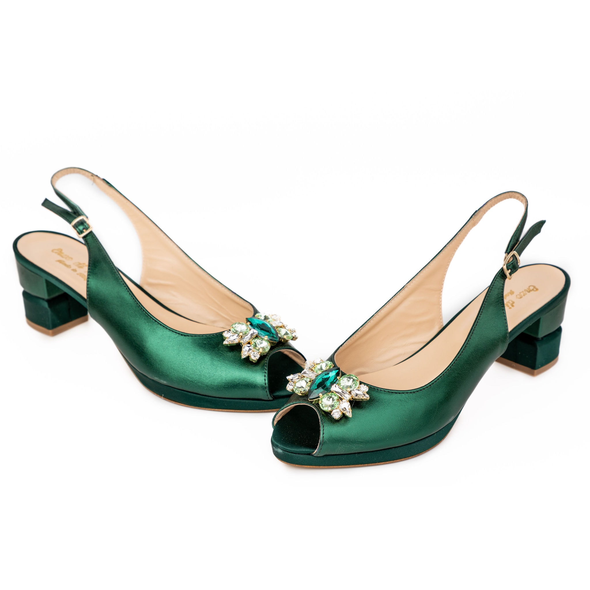 Emerald satin heels with jeweled embellishment