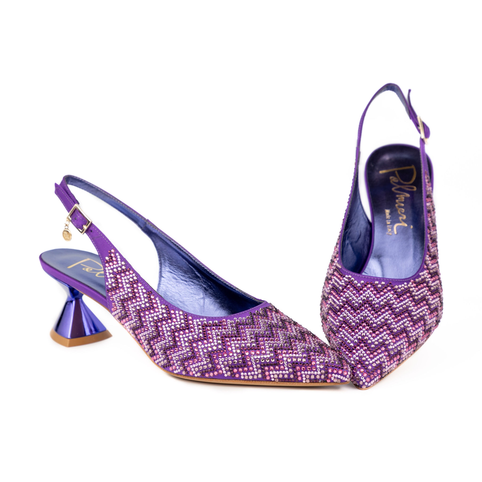 Purple sequined slingback heels pair